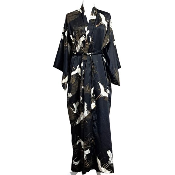 Vintage 70s Japanese Kimono Robe Black Satin Cranes Clouds Made in Japan Tag Rea - Picture 1 of 11